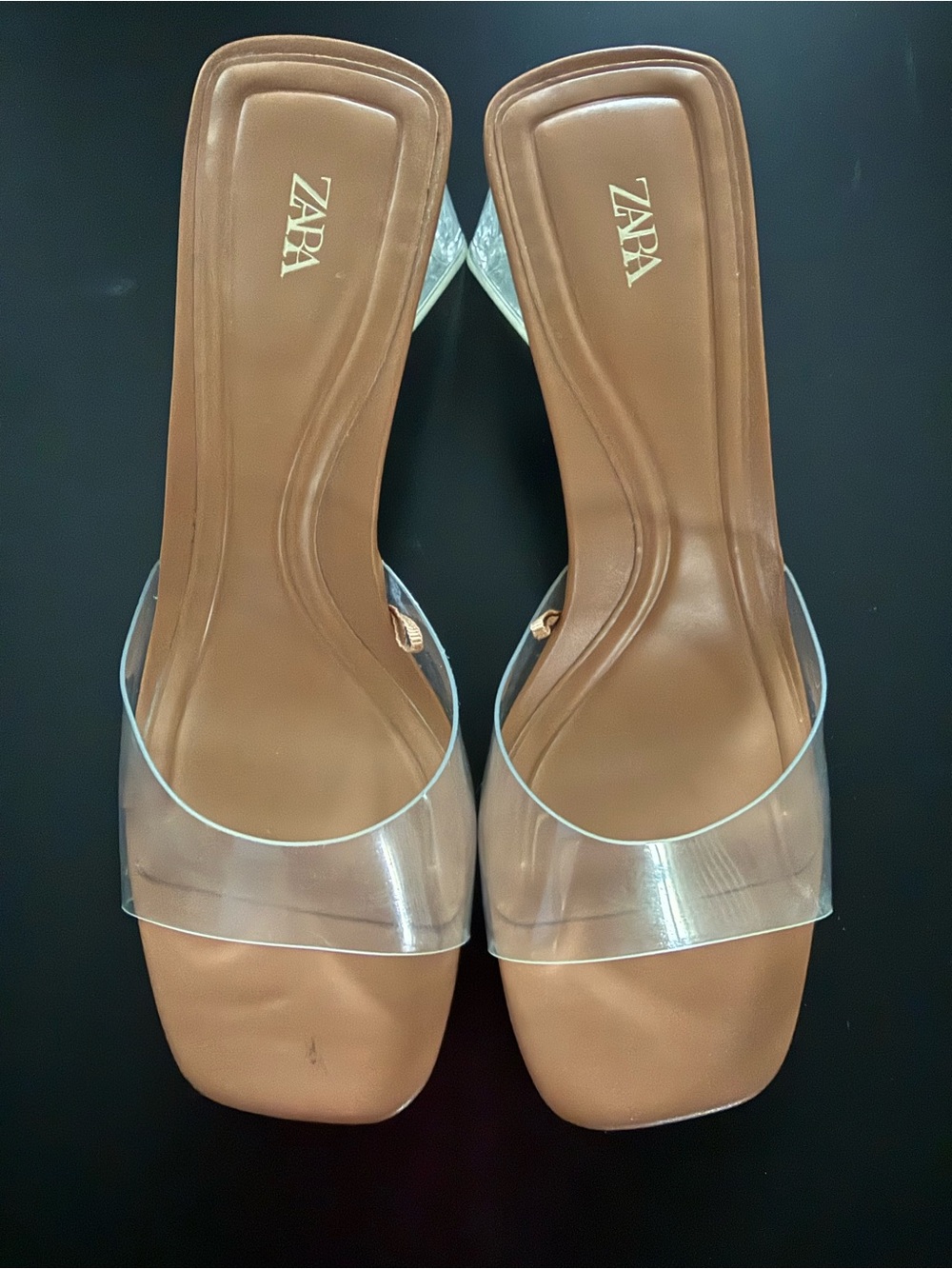 ZARA Tan Footbed Clear Strap Slide Mules Size: 8